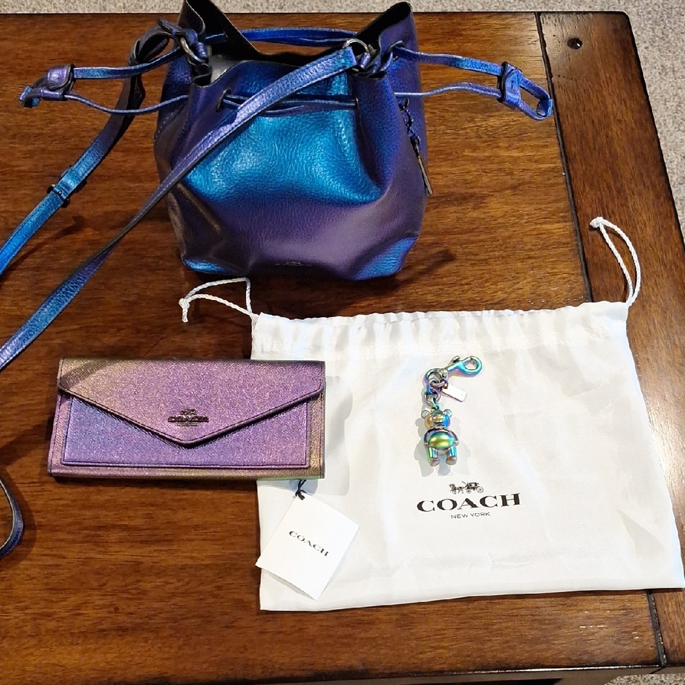 Coach Iridescent Purple and Blue Crossbody Bag, Wallet, Charm, And Dust Bag